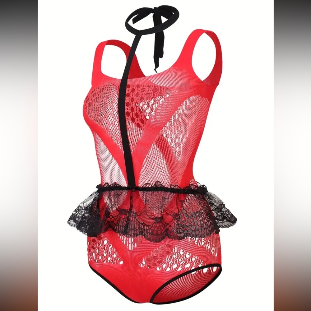Red & Black Hollow Out One-Piece Fishnet Teddy Bodysuit